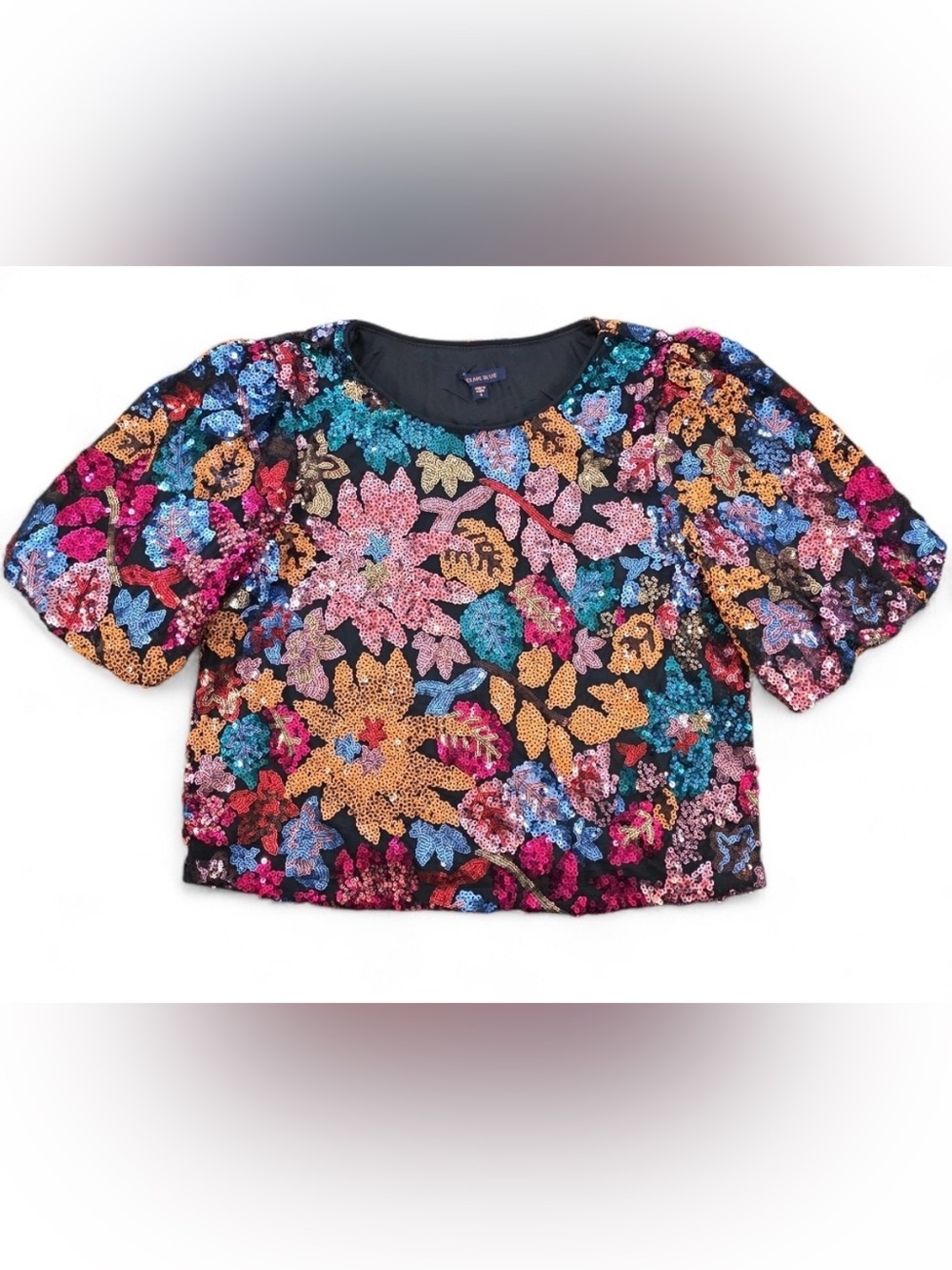 Skies Are Blue Sequin Floral Crop Top Puff Sleeve Party Blouse Women Small